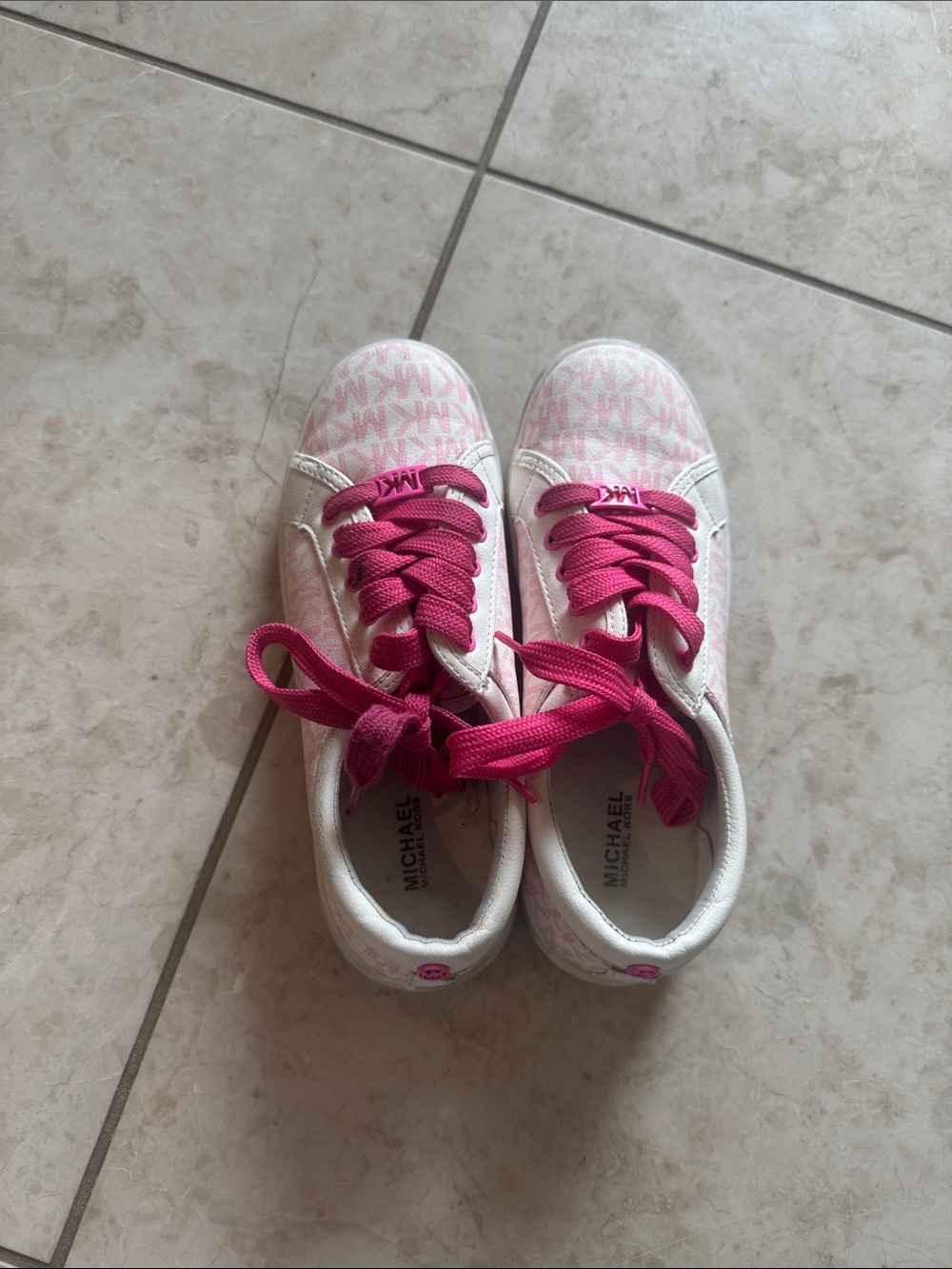 Michael Kors Kids White and Pink Logo Lace-Up Sneakers